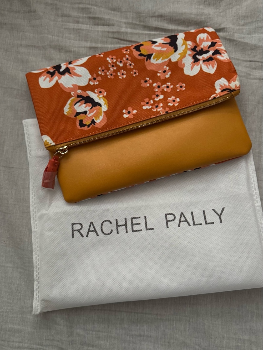 Rachel Pally Orange Floral Fold-Over Clutch with Mustard Base